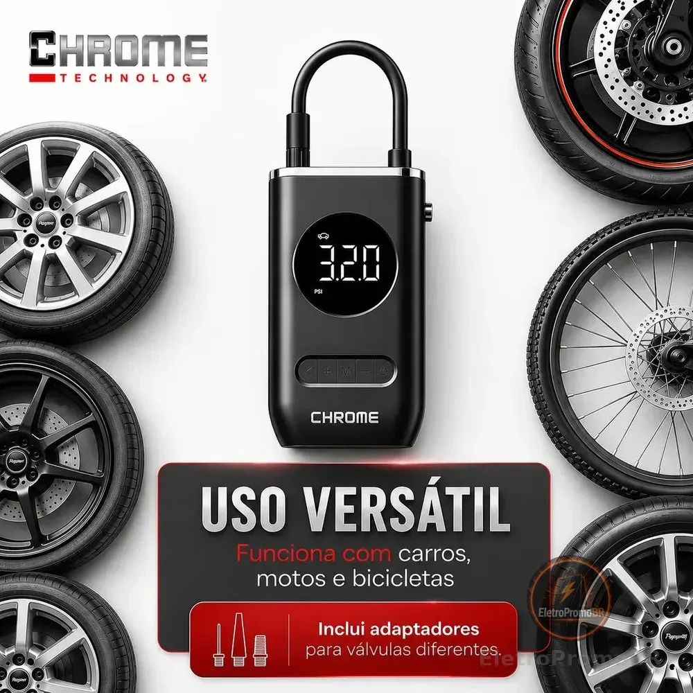 Mini Compressor Bomba De Ar Digital Portátil para Carro Moto Bicicleta com Calibrador Digital Inflador Elétrico de Pneus LCD Lanterna LED Compacto e Recarregável Preto