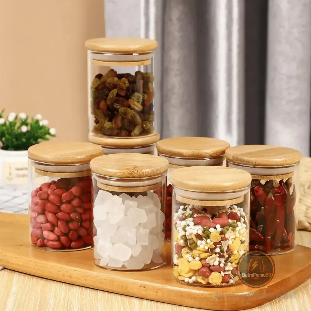 Kit 6 Pote Vidro Porta Temperos Hermético Cozinha Organiza Vidro/tampa De Bambu