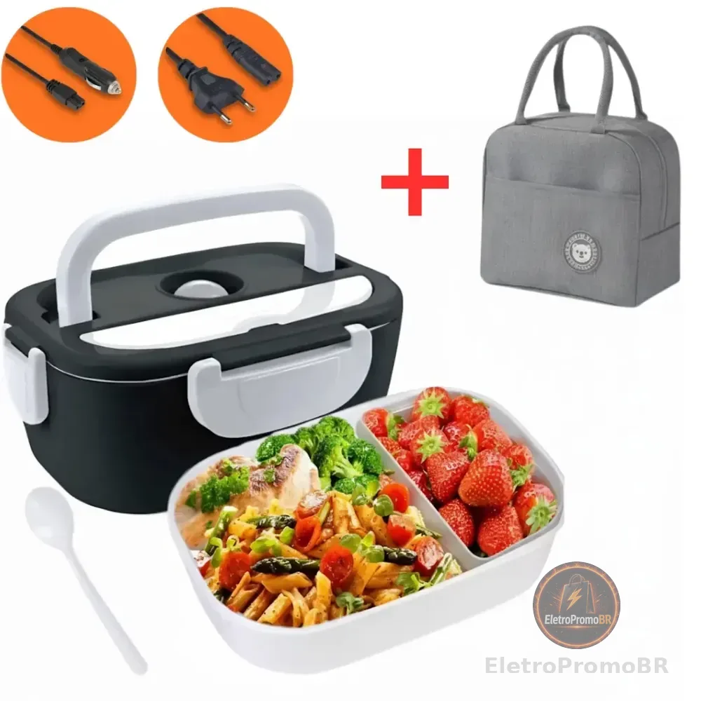 Marmita Elétrica Térmica Preta Bivolt 110v/220v E Veicular 12v/24v + Bolsa Térmica Lancheira Doméstica Trabalho 1.5l Carro/casa Portátil Aquecedor De Alimentos Uber Carro Caminhão Preto 127/220v