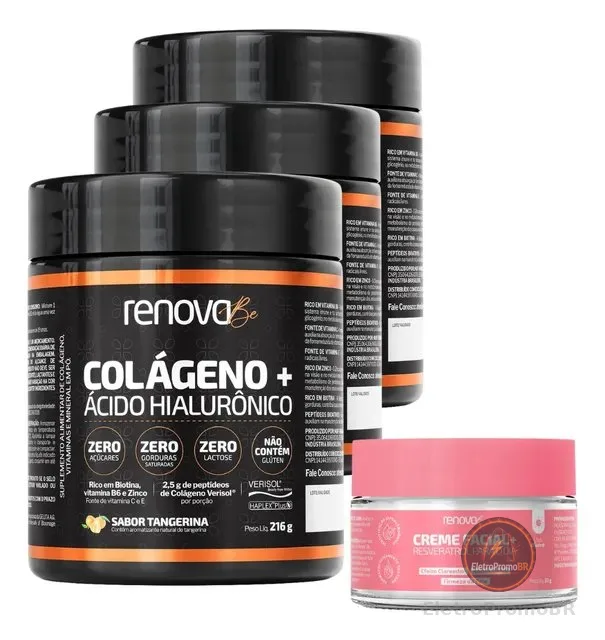 Kit 3x Colágeno Verisol Ácido Hialurônico Biotina Renova Be