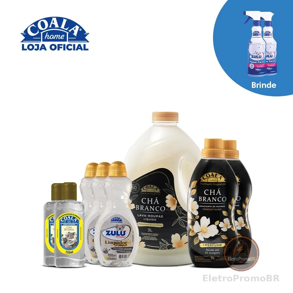 Kit Coala Mega Limpeza Perfumada Chá Branco - 8 itens + Brinde 2 Passa Fácil Zulu Perfumes