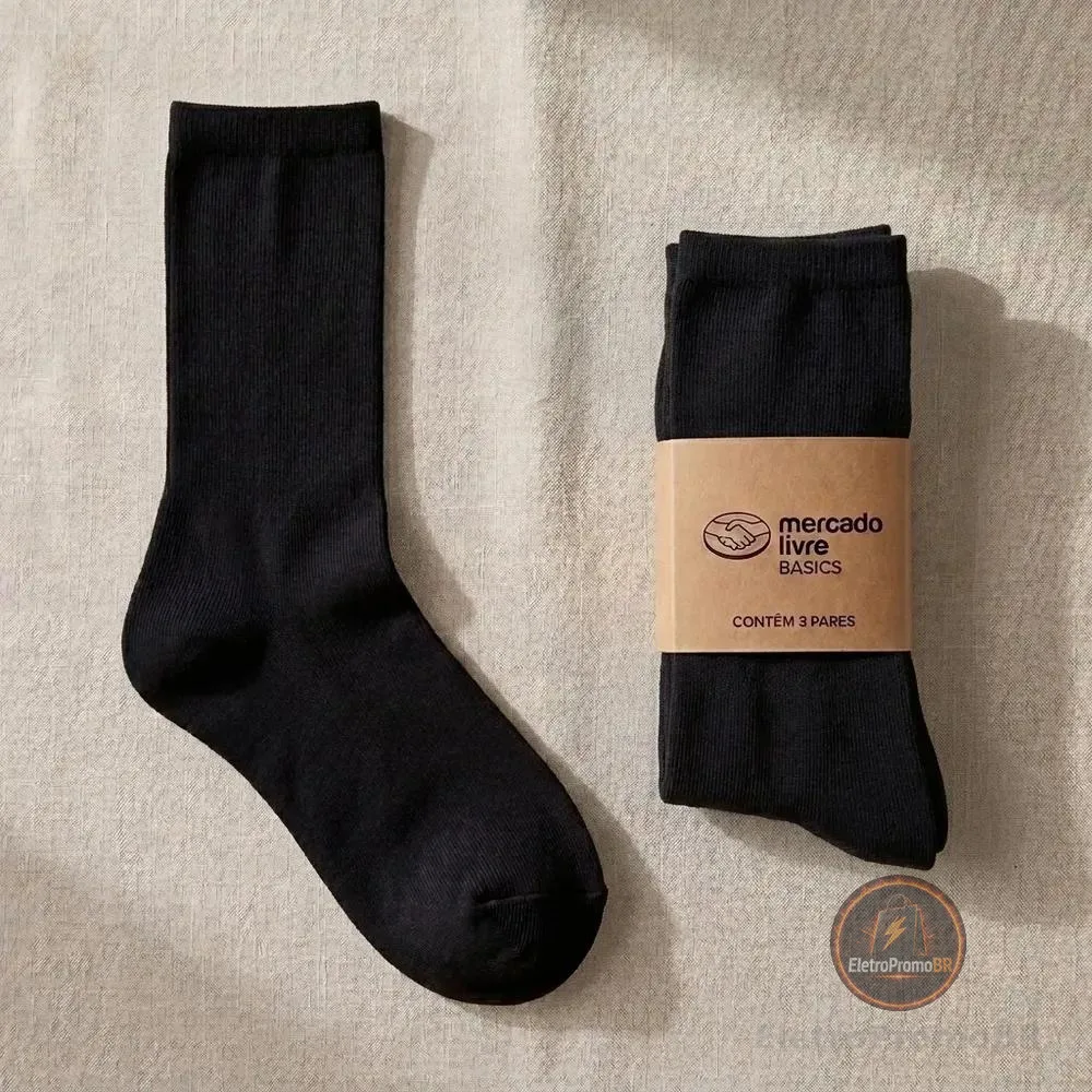 Kit 3 Meias Cano Alto Algodão Adulto Mercado Livre Basics Preto Liso 39-43