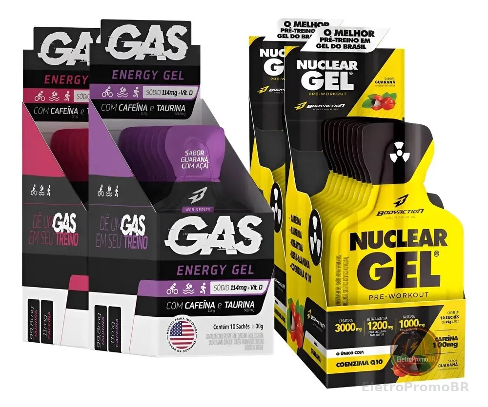 Kit 2x Gas Energy Gel + 2x Pré Treino Nuclear Rush Gel Sachê Variados