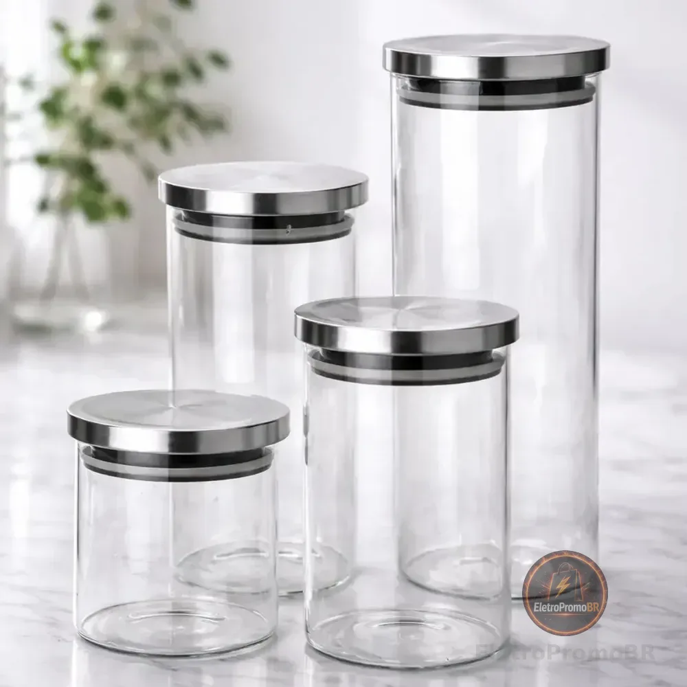 Conjunto 4 Potes De Vidro Herméticos Tampa Inox Organizador Cinza