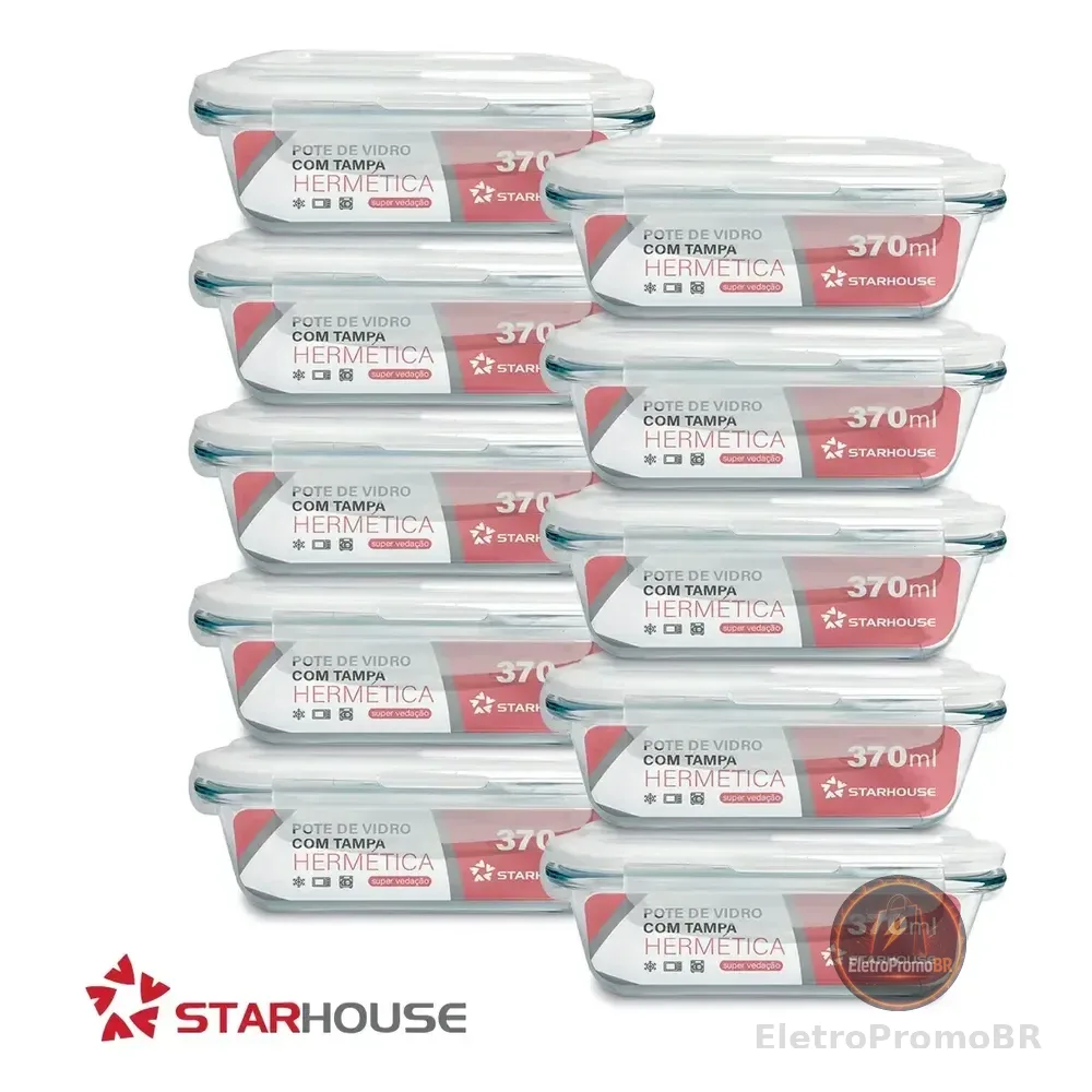 Kit 10 Potes Vidro 370ml Hermético Marmita Forno Refratário Star House