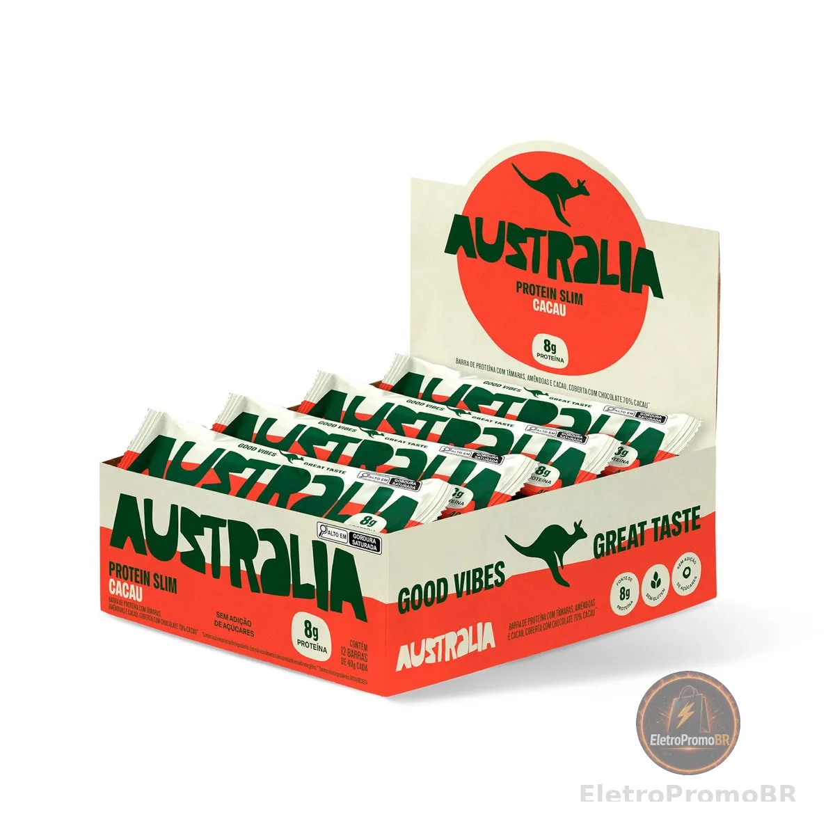 Australia Protein Slim Cacau, Barra de Proteína com 8g de Proteína, Sem Adição de Açúcares, Sem Glúten, Display com 12 unidades