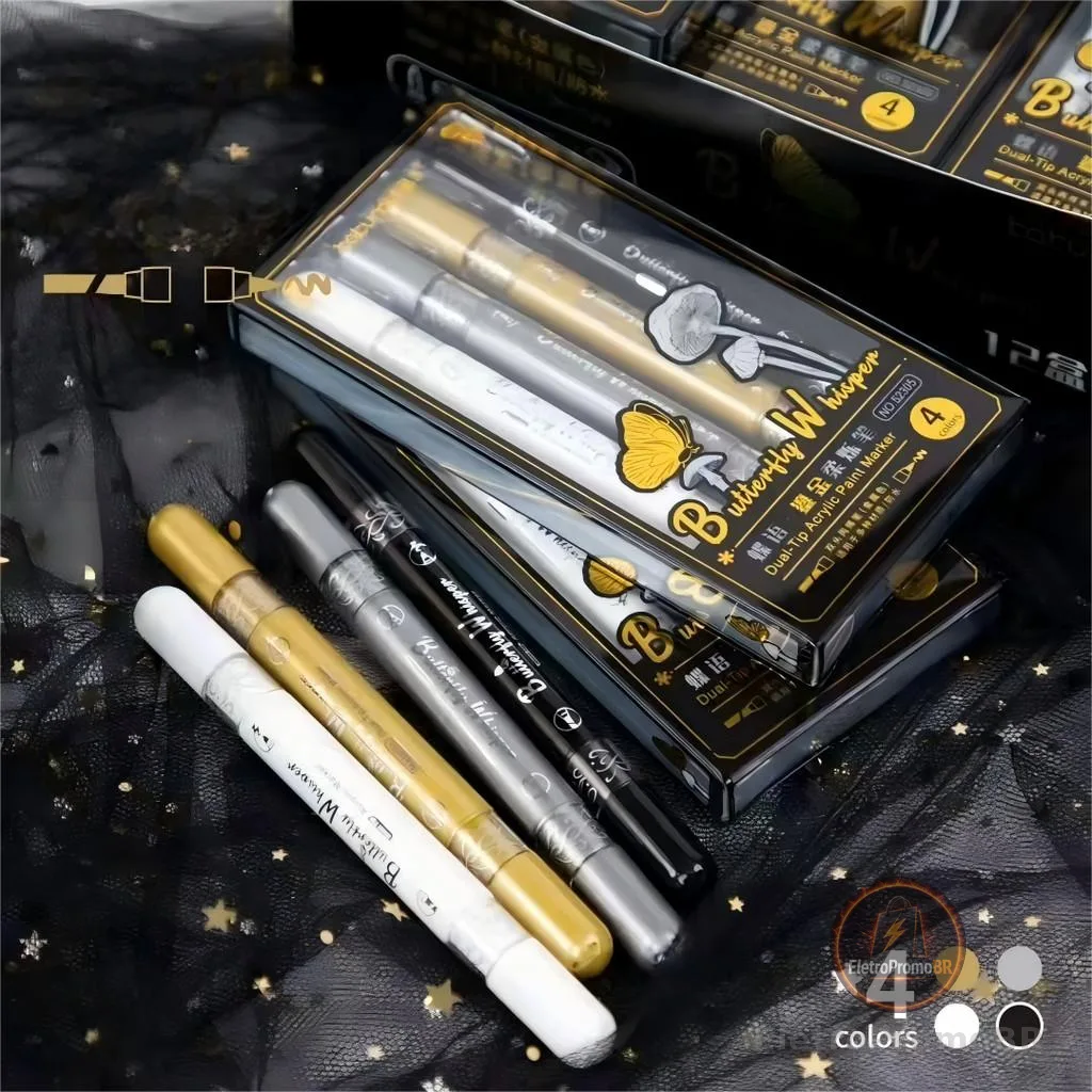 Kit 4 Caneta permanente de acrílico com ponta dupla em metal para resina, artesanato e artigos de papelaria.
