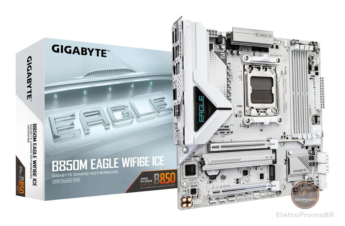 GIGABYTE Placa principal de gelo Eagle WIFI6E B850M – Suporta CPUs AMD Ryzen 9000, digital 8+2+2 fases VRM, até 8200 MHz DDR5 (OC), 1 x PCIe 5.0 + 1 x PCIe 4.0 M.2, Wi-Fi 6E 2.5 GbE LAN
