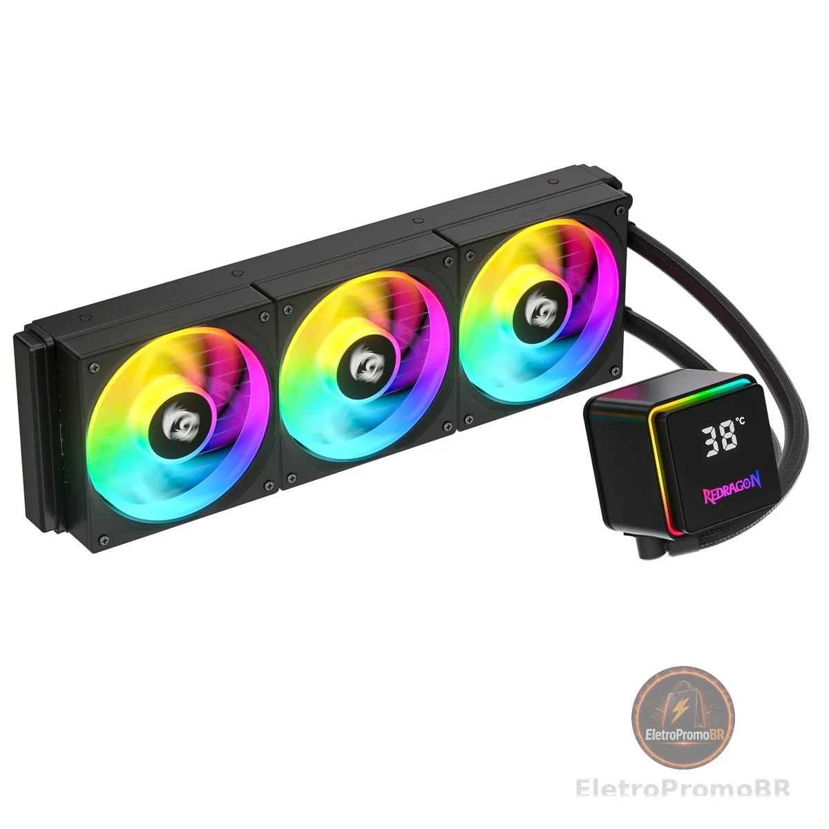 Water Cooler Redragon CCW-3017 Preto 360mm ARGB 2550 RPM com Display de Monitoramento Magnético USB Tipo-C Intel LGA 1851 AMD AM5