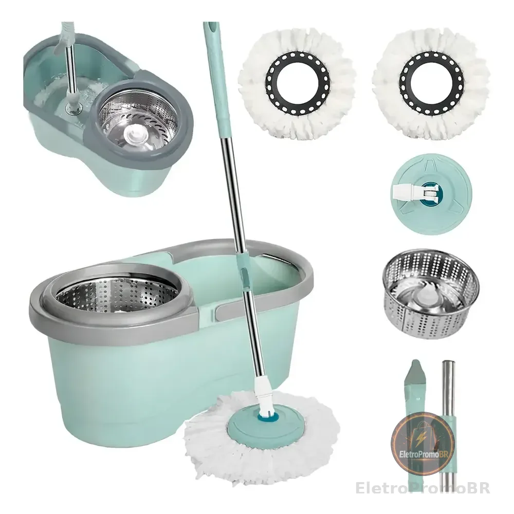 Mop Giratório Cesto Inox Com Refil Balde 13l Esfregão Cabo 130cm Rodinhas Fácil Limpeza Eficiente Uso Longo Sem Esforço... Verde