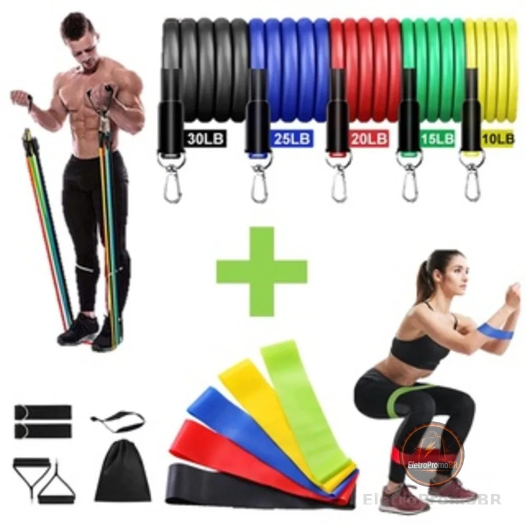 Kit Completo Treino em Casa: Elásticos Extensores + 5 Mini Bands Fortes | Fitness & Musculação