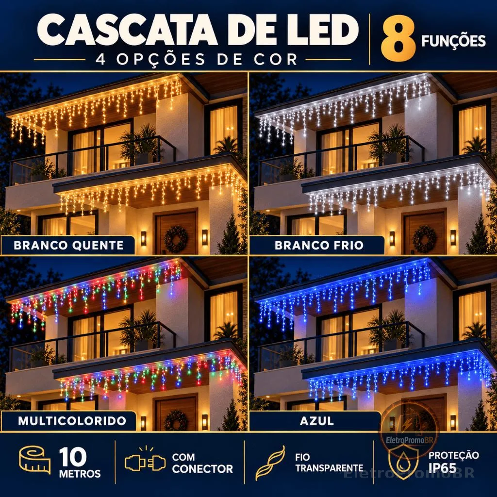 10m Cascata 400 Led 8 Funções Decoração Natal 110v 220v Conexão Macho Branco Frio Quente Pisca Pisca Enfeites de Natal