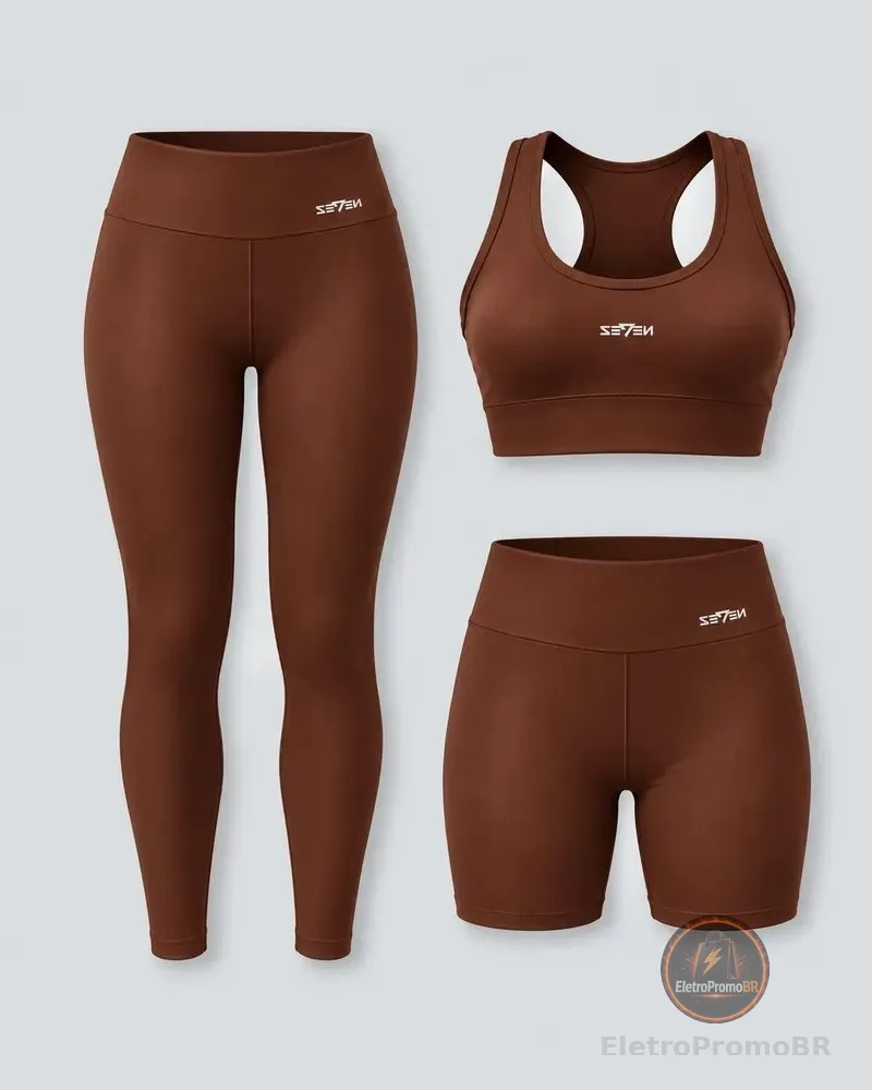 Kit Conjunto Feminino Fitness Top Nadador + Legging + Short Marrom Gg