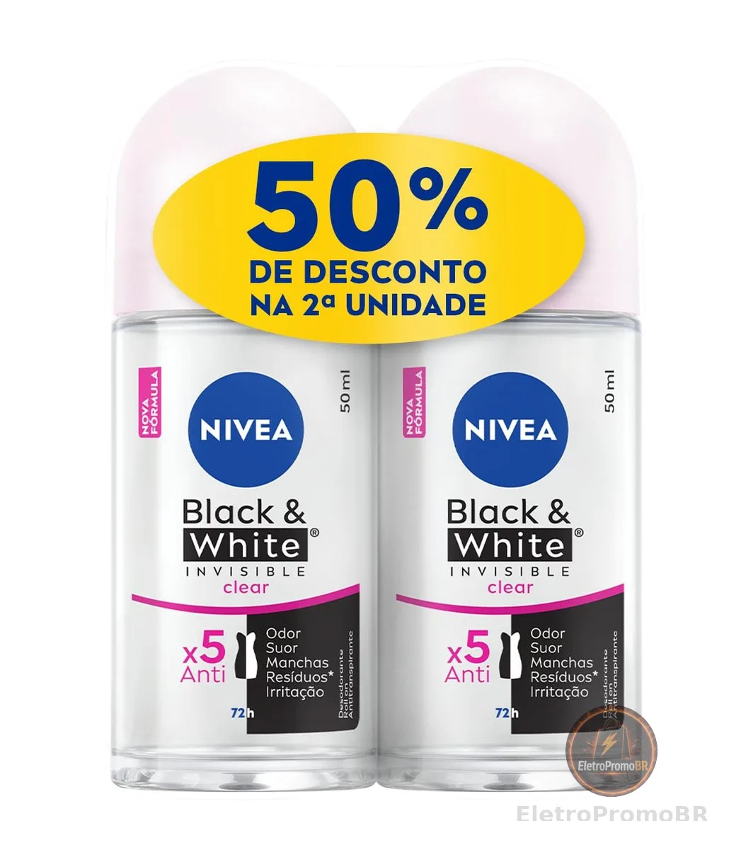 NIVEA Kit Desodorante Antitranspirante Roll On Invisible Black & White Clear 50ml