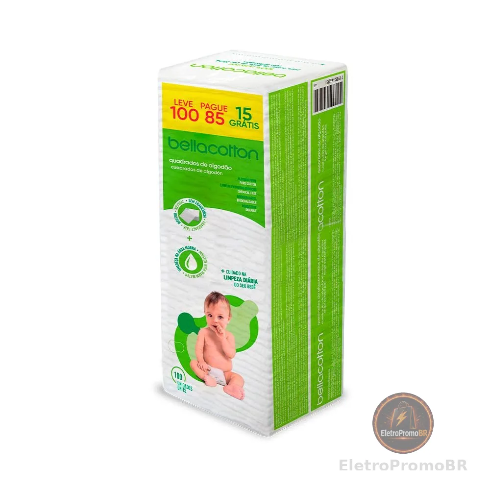 Bellacotton Algodão Quadrado Baby 100% Algodão Macio – 100 Unidades