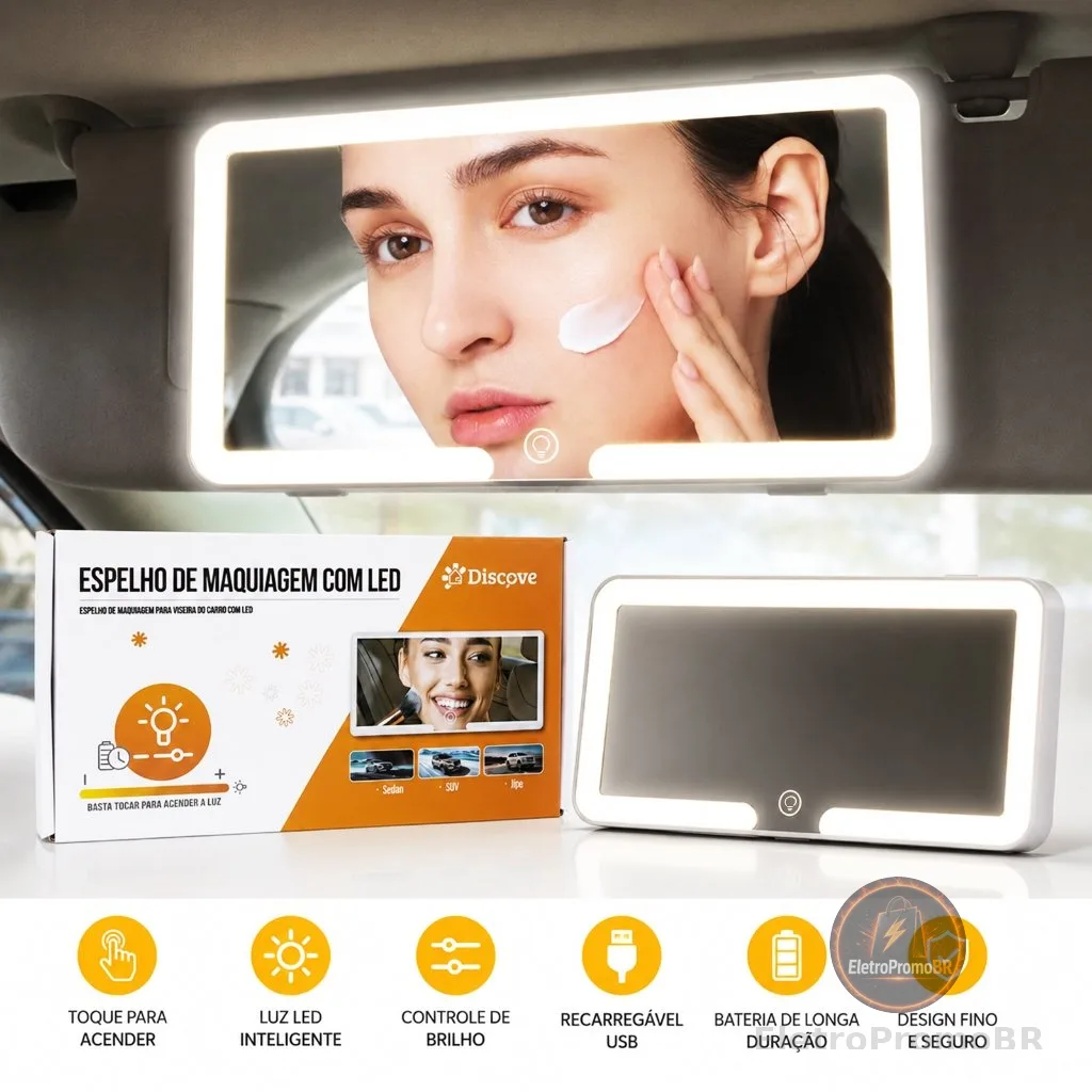 Espelho com led para carro para maquiagem recarregável retrovisor visor com luz 3 tonalidades