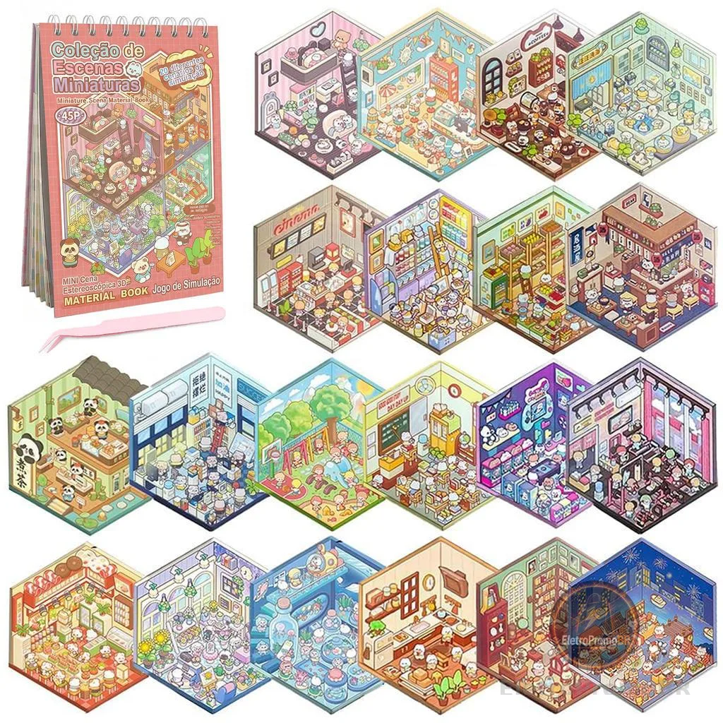 Caderno com Adesivos 3D Livro Cenários Kawaii DIY Scrapbooking Paisagismo Fofo