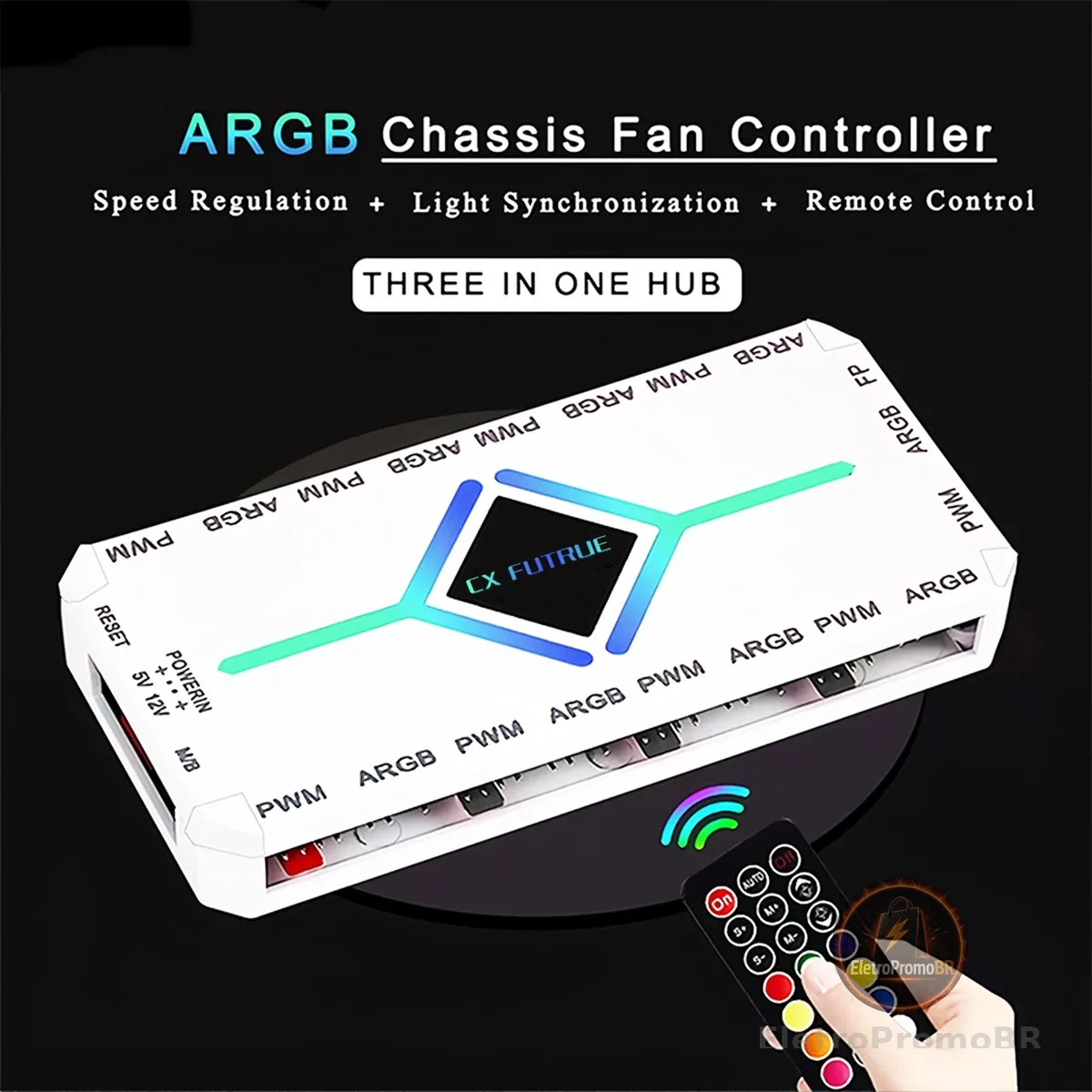 Hub de Ventiladores ARGB 5V 3 Pinos e PWM 12V 4 Pinos com Base Magnética e Controle Remoto para Sincronização de Ventiladores de Refrigeração de Gabinete de PC