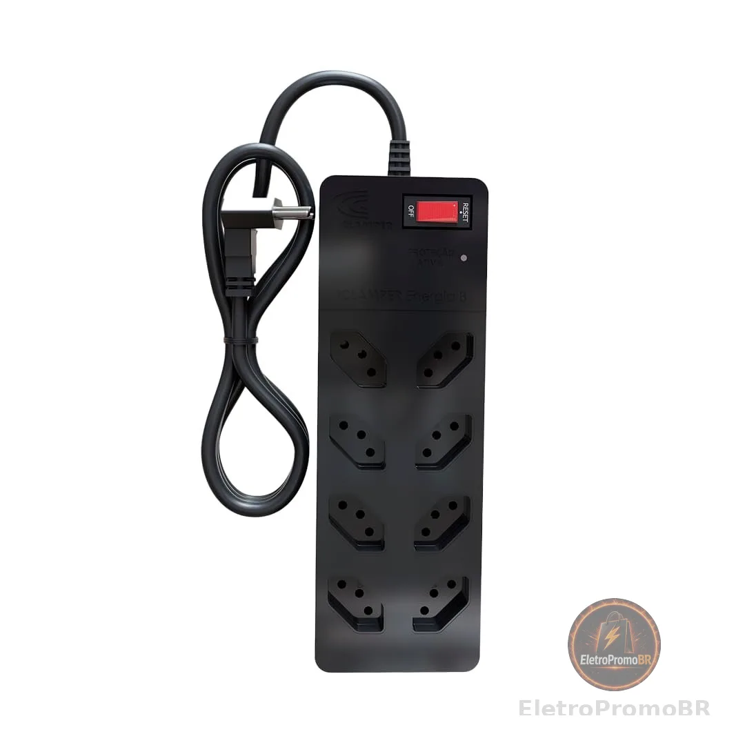 Filtro de Linha iCLAMPER Energia 8 com Proteção contra Surtos Elétricos(DPS) 8 Tomadas, 3 Pinos, 10 Amperes para PC, Notebook, Roteador, Monitor, Impressora, PS5, Alexa e etc, Bivolt, Cabo de 1m Preto