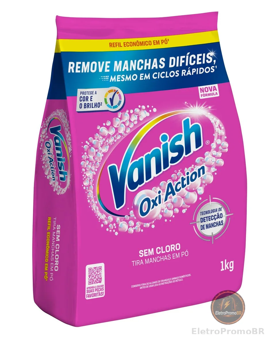 Tira Manchas em Pó Vanish Oxi Action Pink Refil 1kg para Roupas Coloridas, Sem Cloro, com Percarbonato, Remove Manchas Difíceis, Preserva as Cores e Deixa as Roupas Como Novas