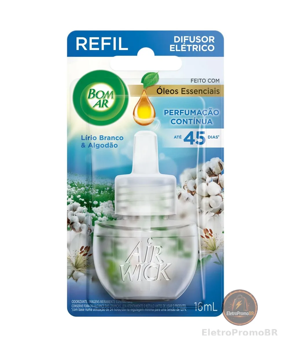 Difusor Elétrico Bom Ar Lirio Branco e Algodão Refil 16ml