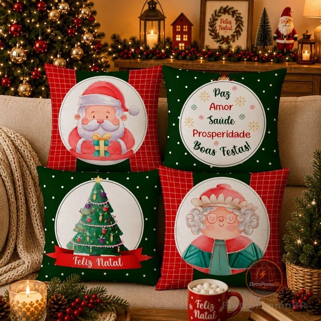 CAPAS NATALINAS: Kit com 04 Capas para Almofada Mamãe e Papai Noel 45X45