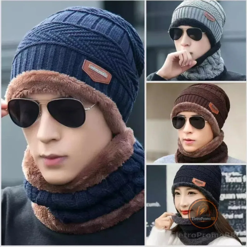 KIT Conjunto Touca Gorro Cachecol Flexível + Quente Para Inverno / Masculino / Mulheres Moda