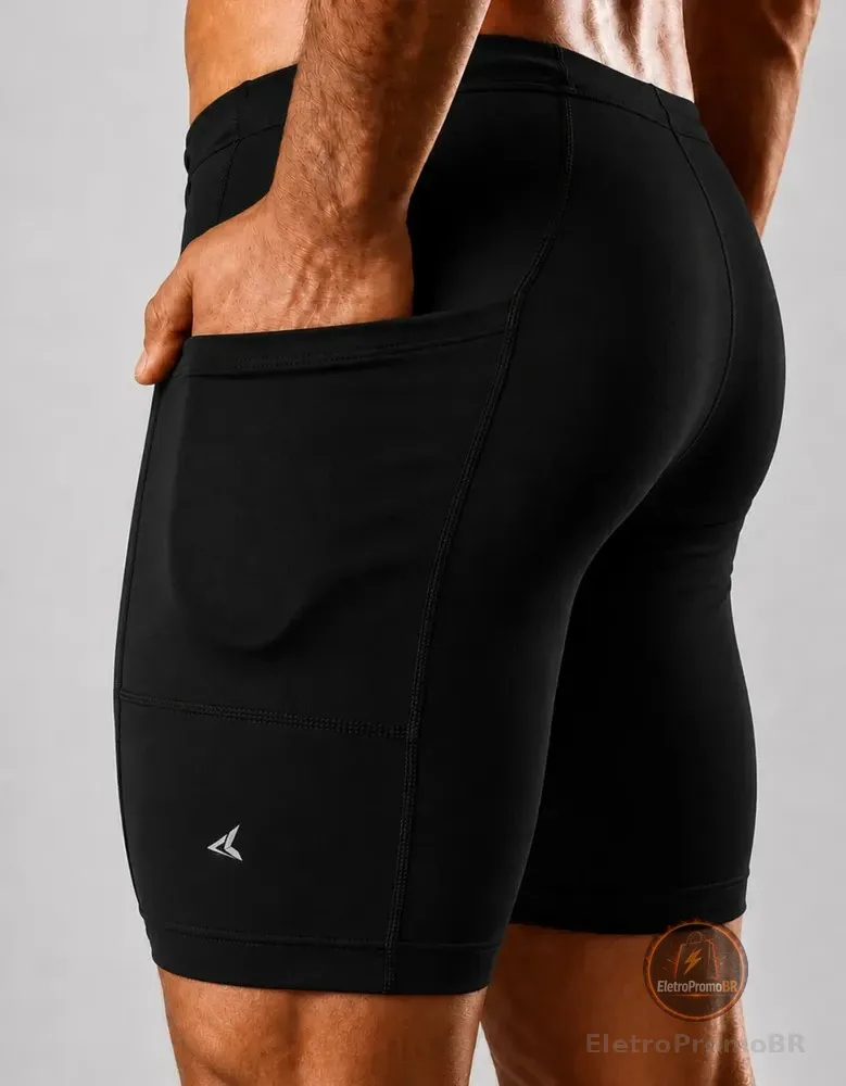 Bermuda De Compressão Masculina Com Bolso Corrida Preto Liso G