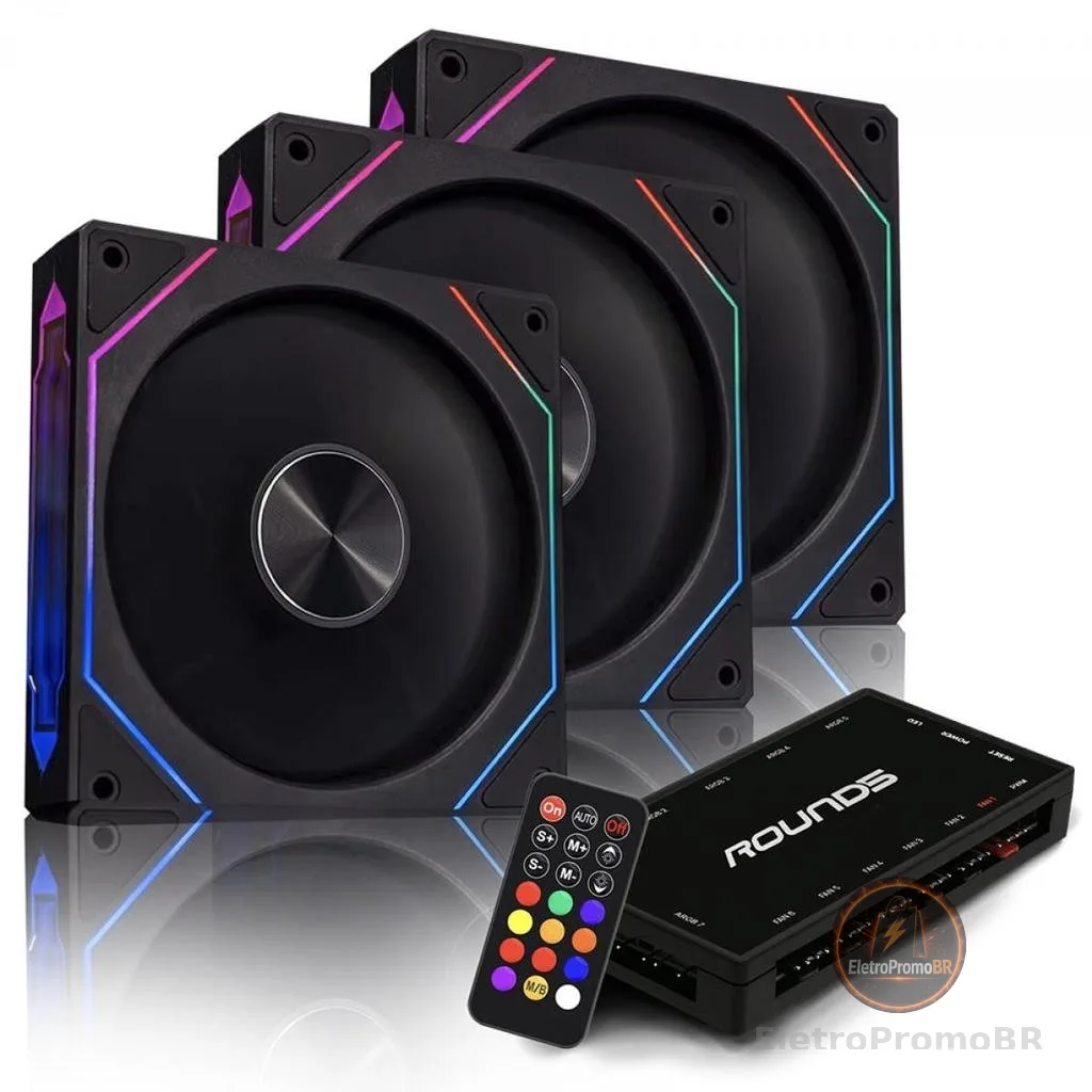 Kit Fan com 3 Unidades Round5 Nordwind Black, ARGB, 120mm, Com Controladora, PWM, Preto, R5-KIT-NORDWIND-FW-B-2221