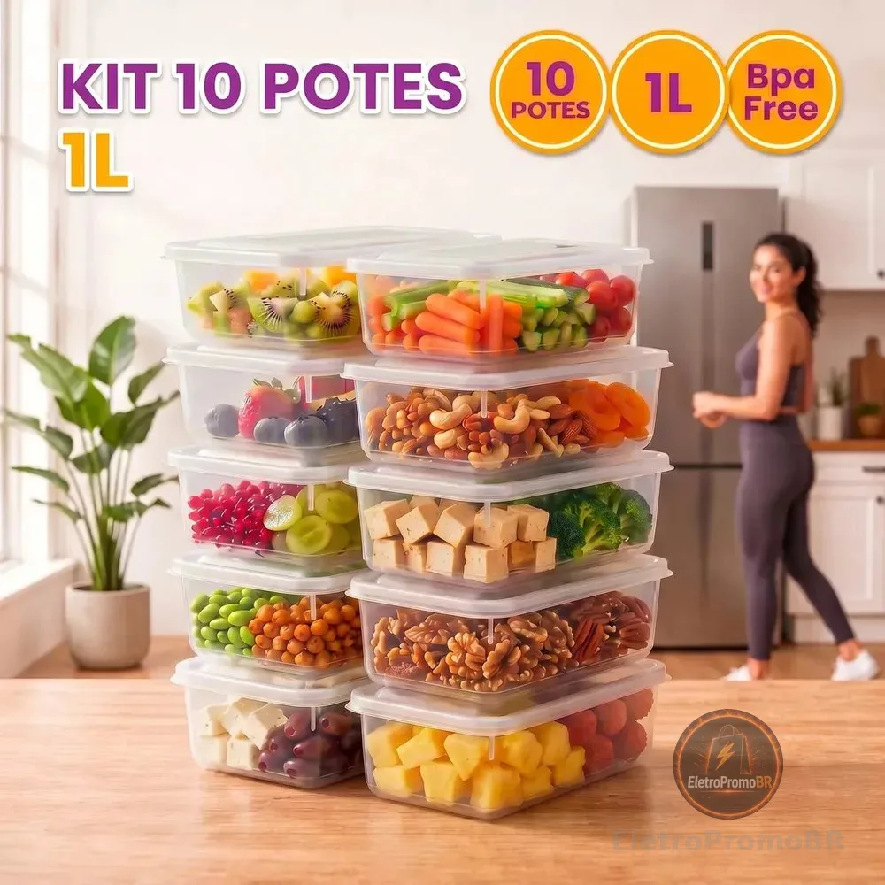 Kit 10 Potes 1 Litro Transparente Marmita Fitness Bpa Free Tampa Hermética Reutilizável Micro E Freezer Mantimentos ponte lar utilidades