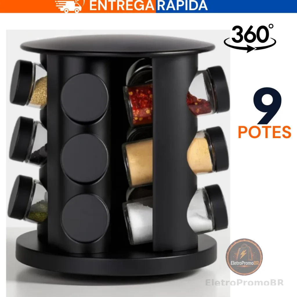 Porta Temperos Giratório 9 Potes Profissional Vidro Tampa Dosadora Preto Condimento Premium PROMOÇÃO
