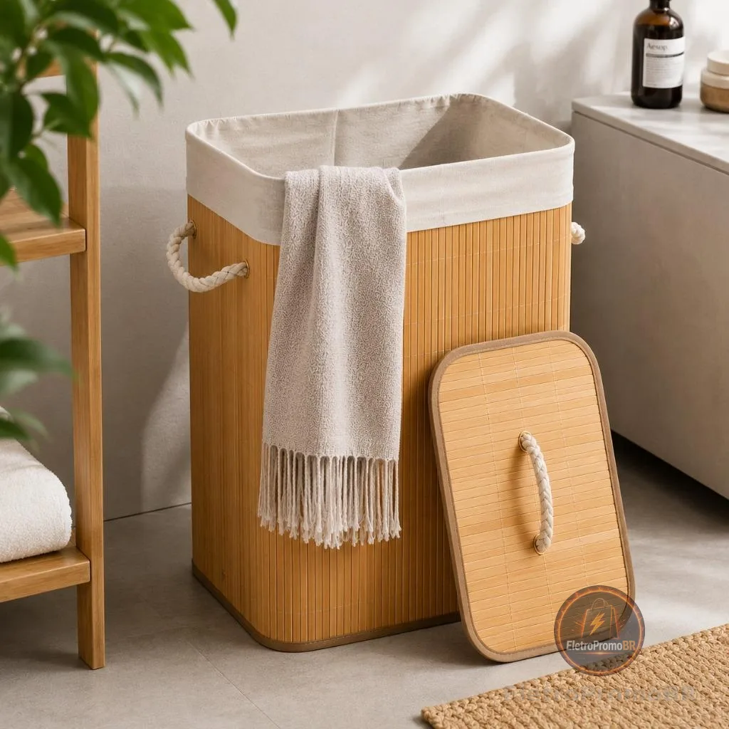 Cesto de Roupa suja Bambu 60 LITROS Dobrável Organizador com Revestimento Interno alta capacidade GRANDE