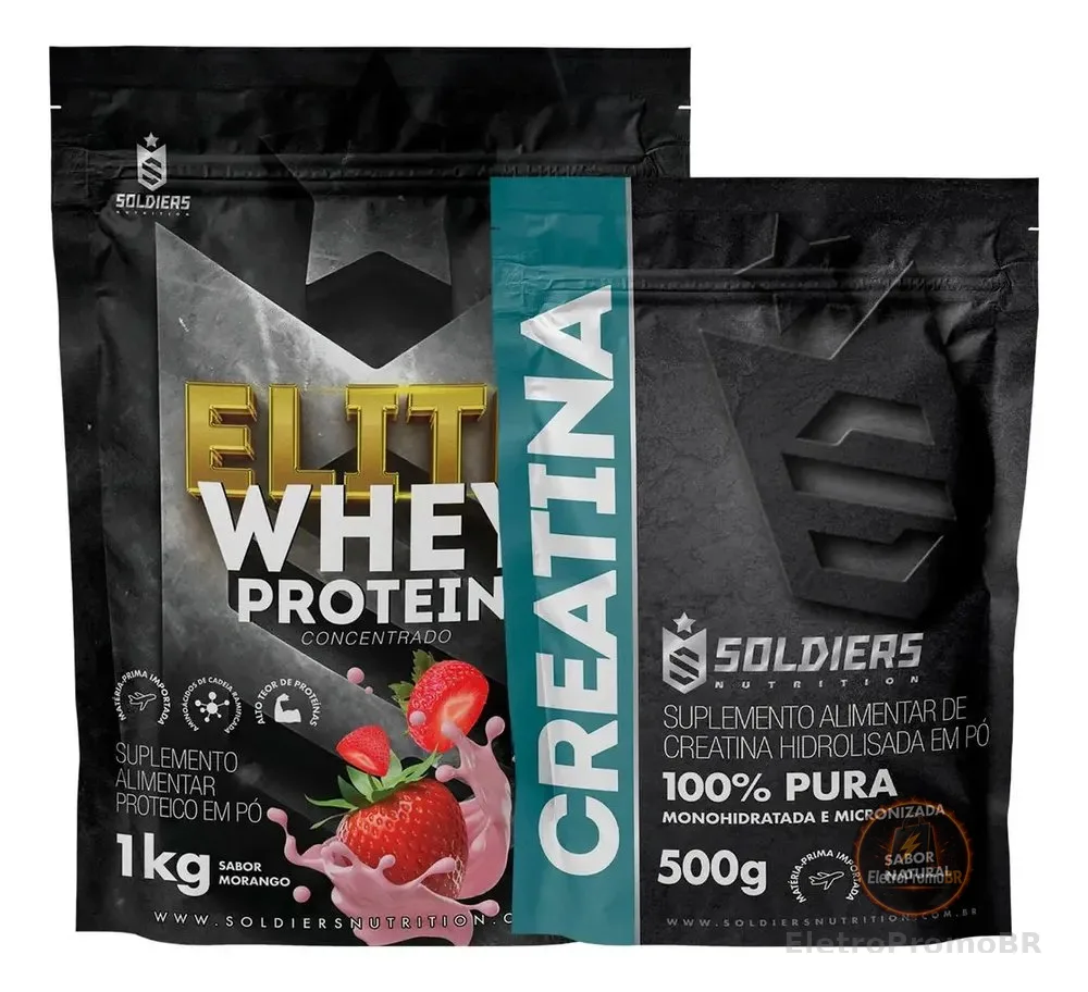 Kit: Elite Pro Whey 80% 1kg+creatina 500g-soldiers Nutrition Sabor Morango