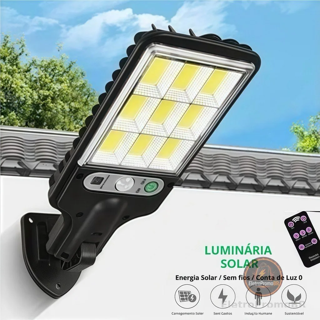 Luminária Solar Parede 108COB Carregar LED Luz Branco frio  D'Água Sensor Presença 3 funções-Minimeow