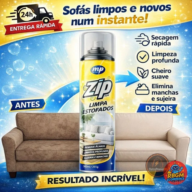 Limpa Estofados Espuma Mágica Zip Clean Spray 300ml Limpeza Seca Colchão Tapete Carro Gordura Odor