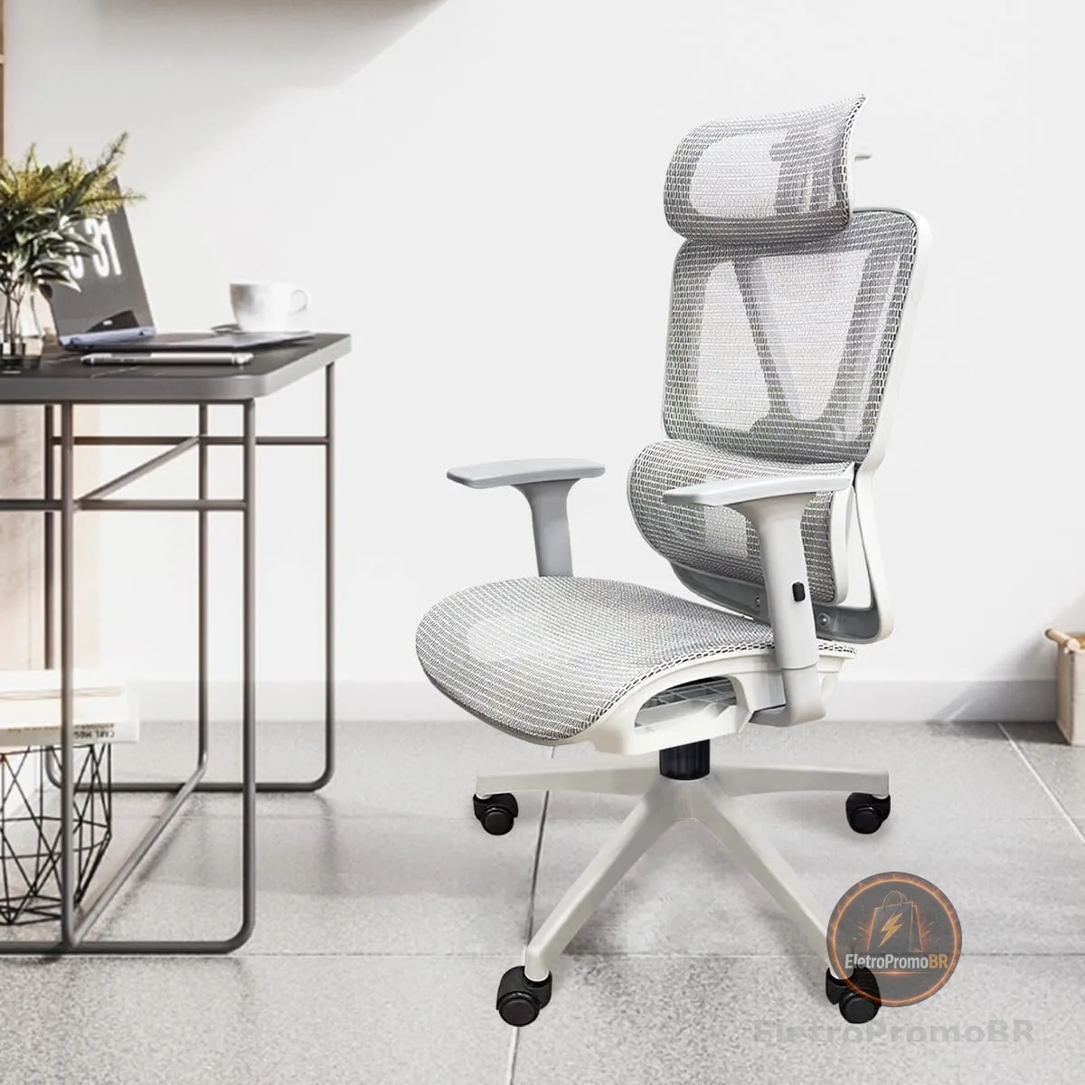 Cadeira de Escritório Ergonômica Python Fly em Malha - Testada conforme NR-17, Lombar Integrada Fixa, Assento Arejado, Braços 3D, Suporta até 150kg(cinza)