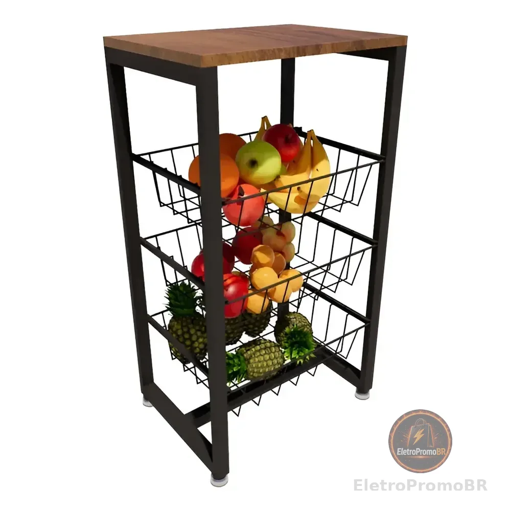Fruteira De Chão Em Aço Cozinha Suporte Bebedouro Amadeirado Cor Preto/amadeirado