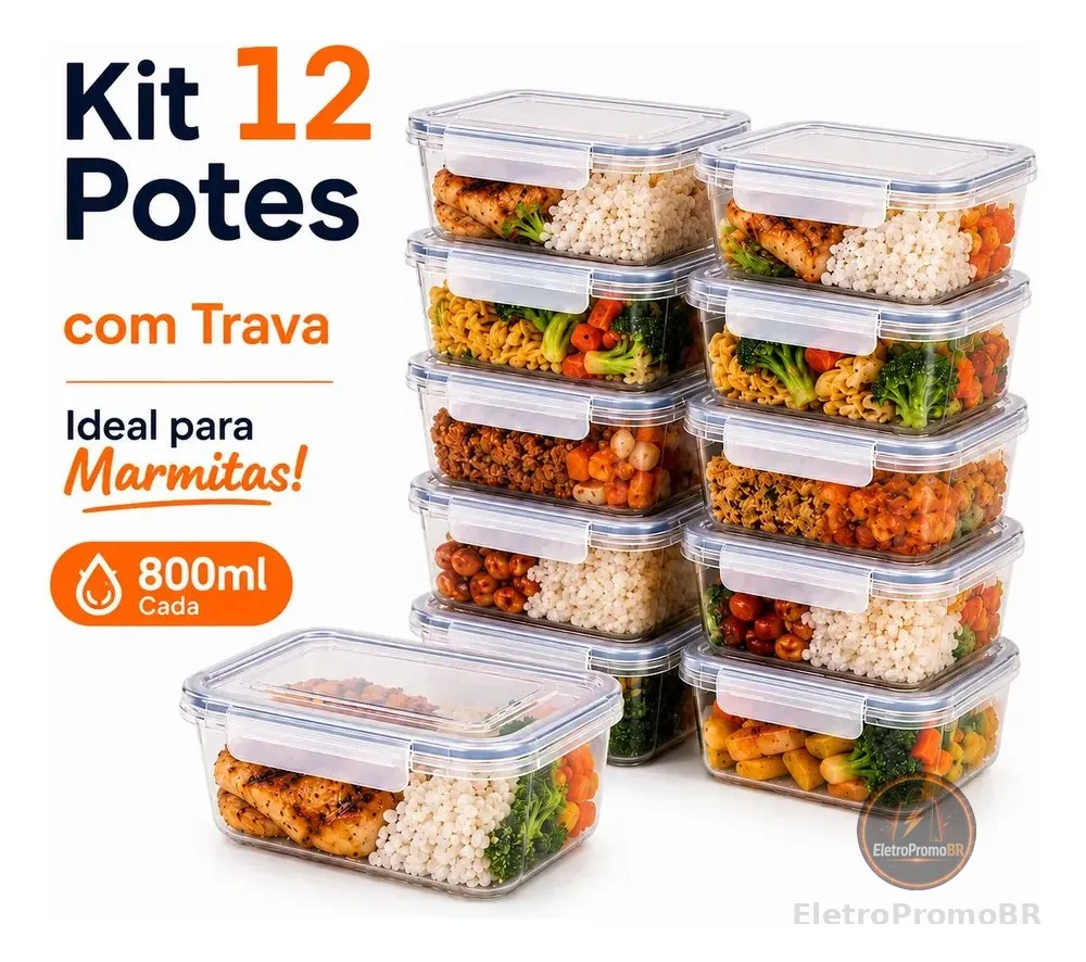 Kit 12 Potes Marmita Com Trava Lateral Freezer Microondas Transparente