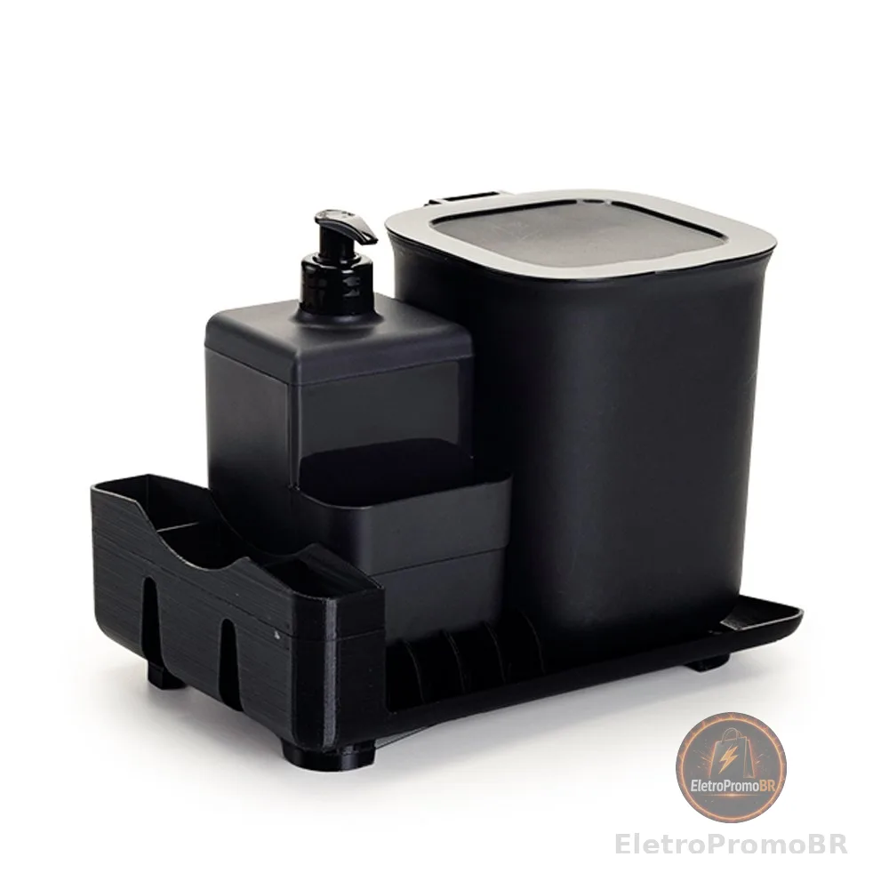 Kit Pia 3 Peças Compacto Escorredor 4 pratos Dispenser de Detergente e Lixeira 2,5 Litros Cores Preto e Branco DasPlast