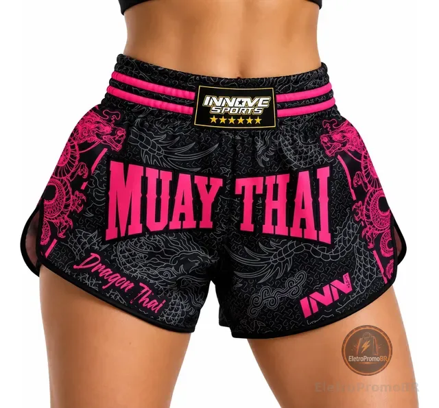 Short Muay Thai Tailandês Premium Dragon Rosa Exclusivo
