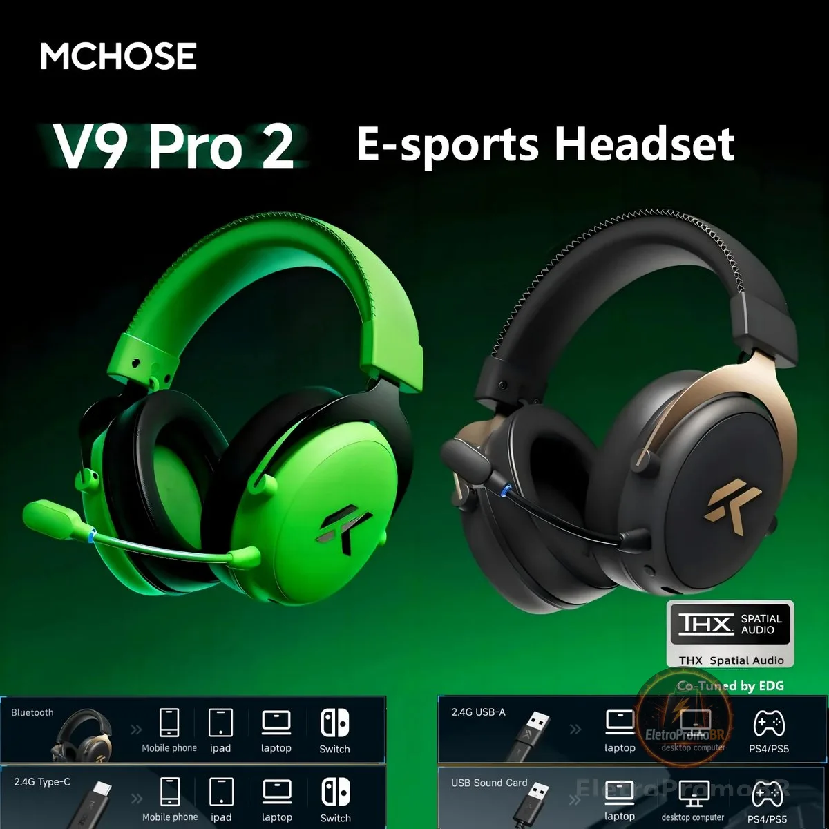 MCHOSE V9 Pro 2 Headset Gamer Sem Fio para E-sports, 4 Modos de Áudio Espacial THX, Driver de 53mm, Over-Ear, Bateria de 300h, Co-ajustado pela EDG