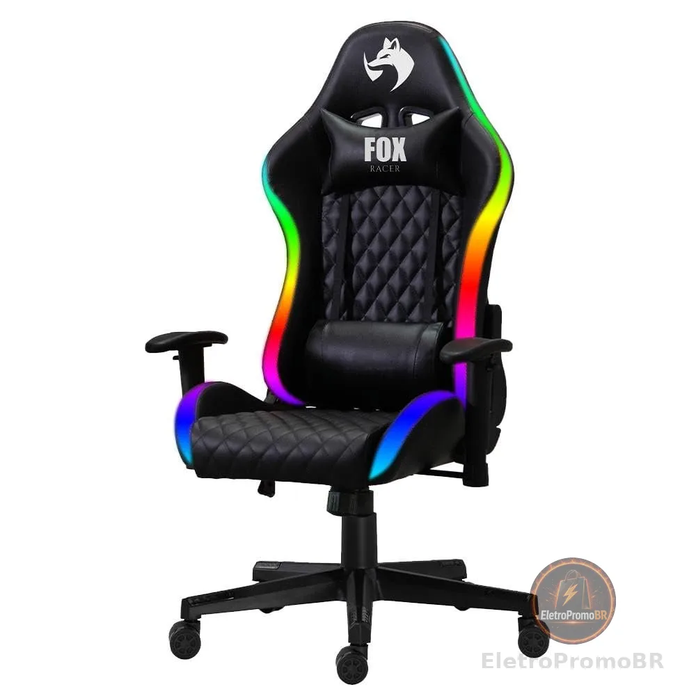 Cadeira Gamer Fox Racer até 130kgs com RGB e Iluminação LED com almofadas Reclinável Preta