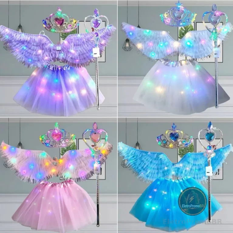 Fantasia Asa Borboleta Fada com LED Pisca Completa  e Infantil Varinha + Tiara Festa Carnaval