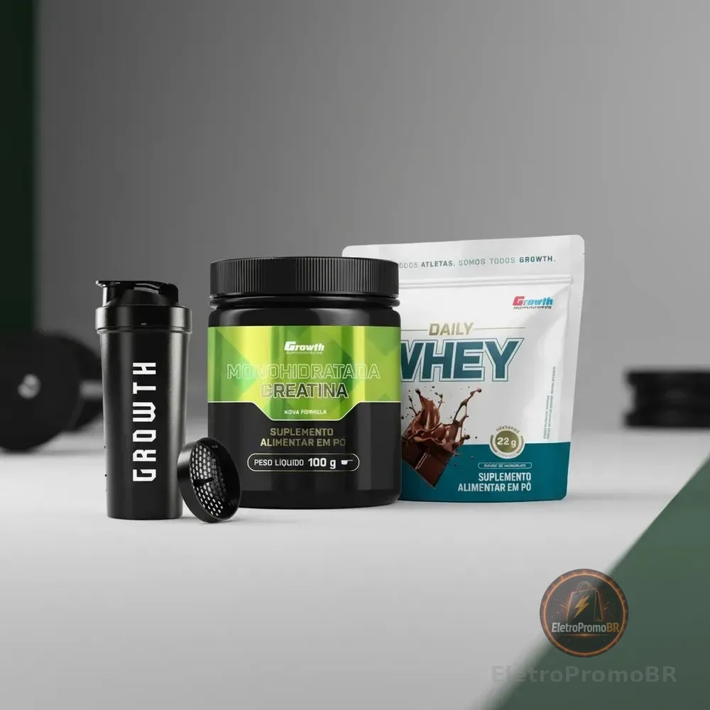 Kit Growth: Daily Whey Protein + Creatina Monohidratada + Coqueteleira