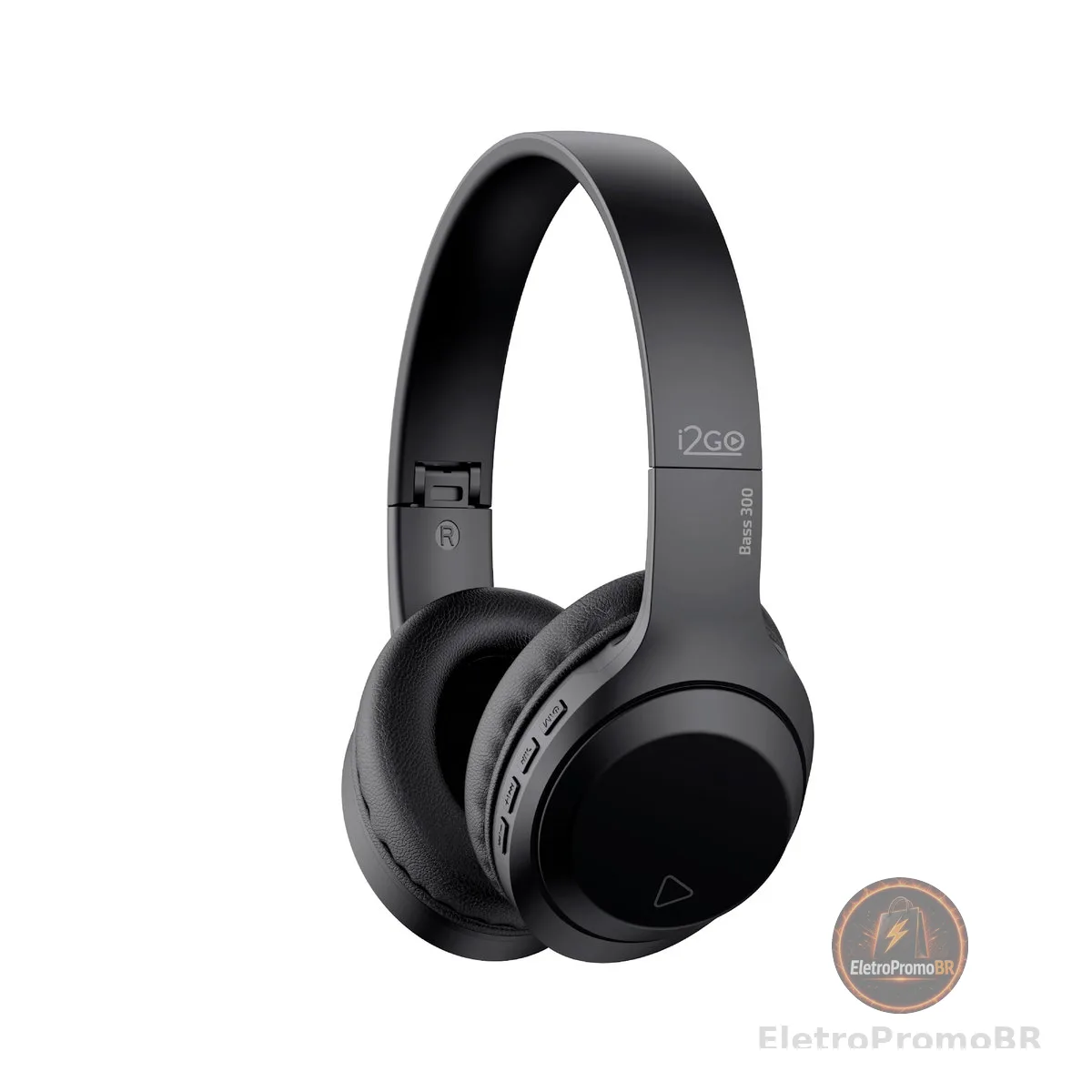 I2GO, Headphone Bass 300, Bluetooth, Microfone Integrado, Controle Multimídia, Até 10h de bateria, Tecnologia Dual Connect, Entrada cabo auxiliar P2 (incluso), Dobrável, Preto