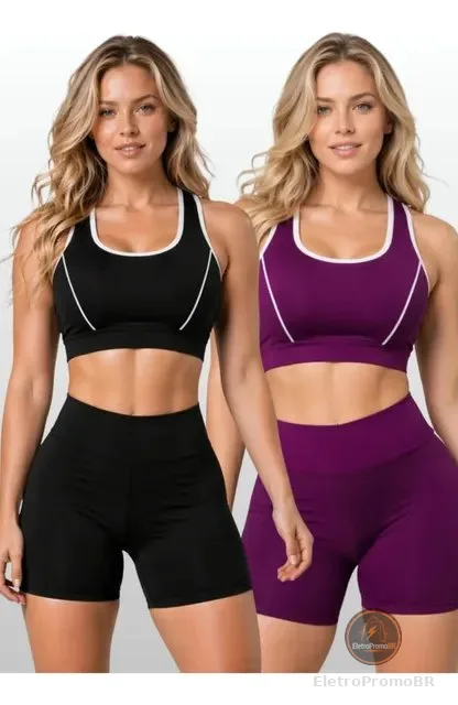 Kit 2 Conjunto Fitness Feminino Top Short Roupa De Academia