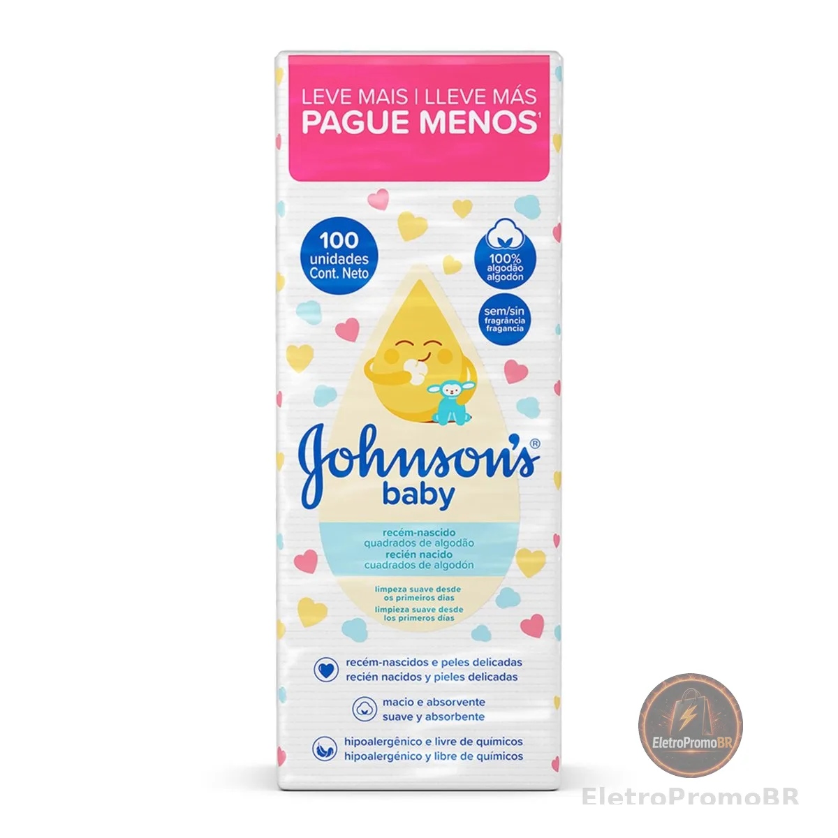 Quadrados de Algodão Johnson's Baby, Recém-Nascido, 100 Unidades