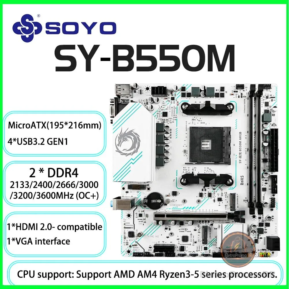 Soyo amd b550m placa-mãe para jogos usb3.1 m.2 nvme sata3 ddr4 canal duplo suporta ryzen r3 r5 r7 3000 4000 5000 cpu am4 soquete