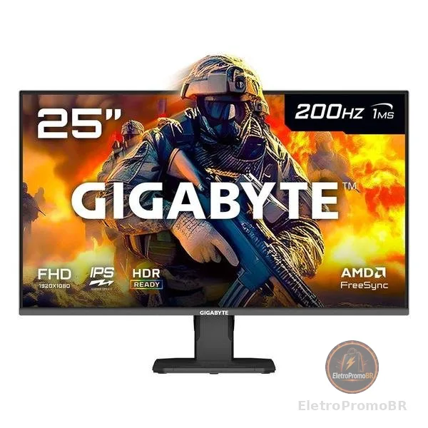 Monitor Gamer Gigabyte 25", FHD, 200Hz, 1ms, IPS, VRR, FreeSync Premium, HDR 10, Alto-falante Embutido - GS25F2-SA