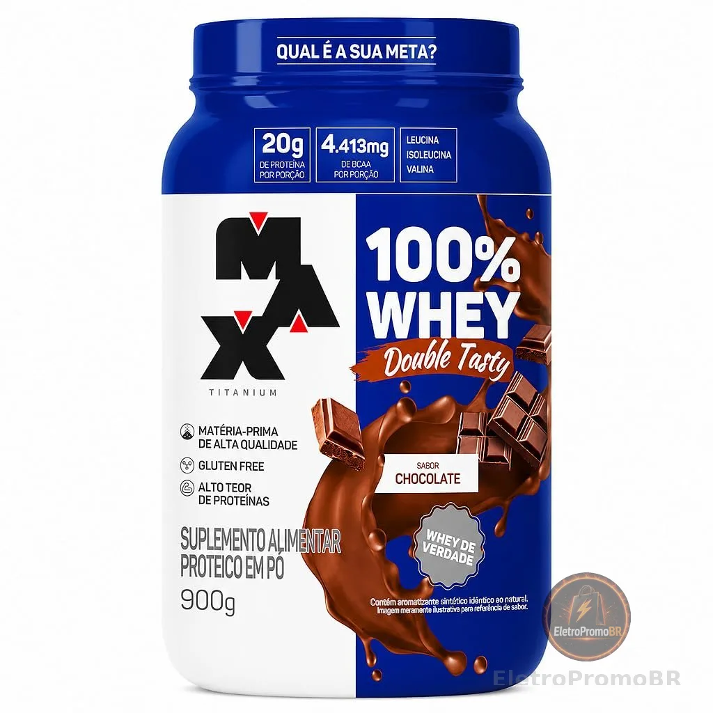 Max Titanium 100% Whey Double Tasty, Sabor Chocolate, 20g de Proteína por Porção, 4.413mg de BCAA, Sem Glúten, 900g